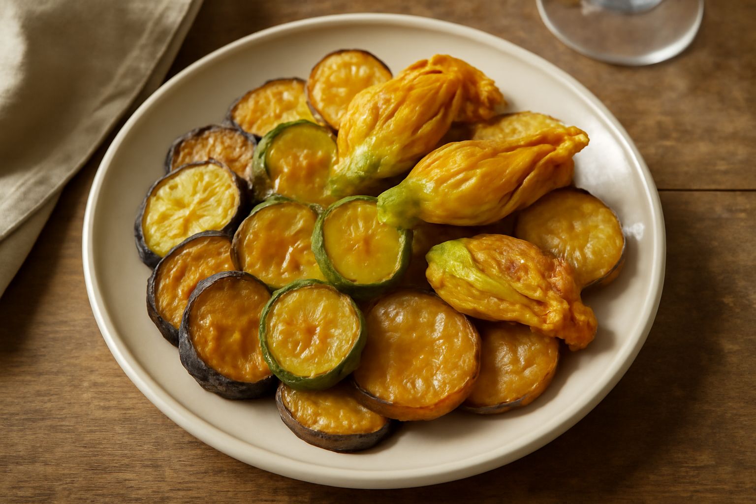 Cojoni di mulo appena fritti su un piatto bianco: verdure croccanti dorate, melanzane affettate, zucchine e fiori di zucca fritti, con gocce di olio e aceto, contorno di prezzemolo fresco