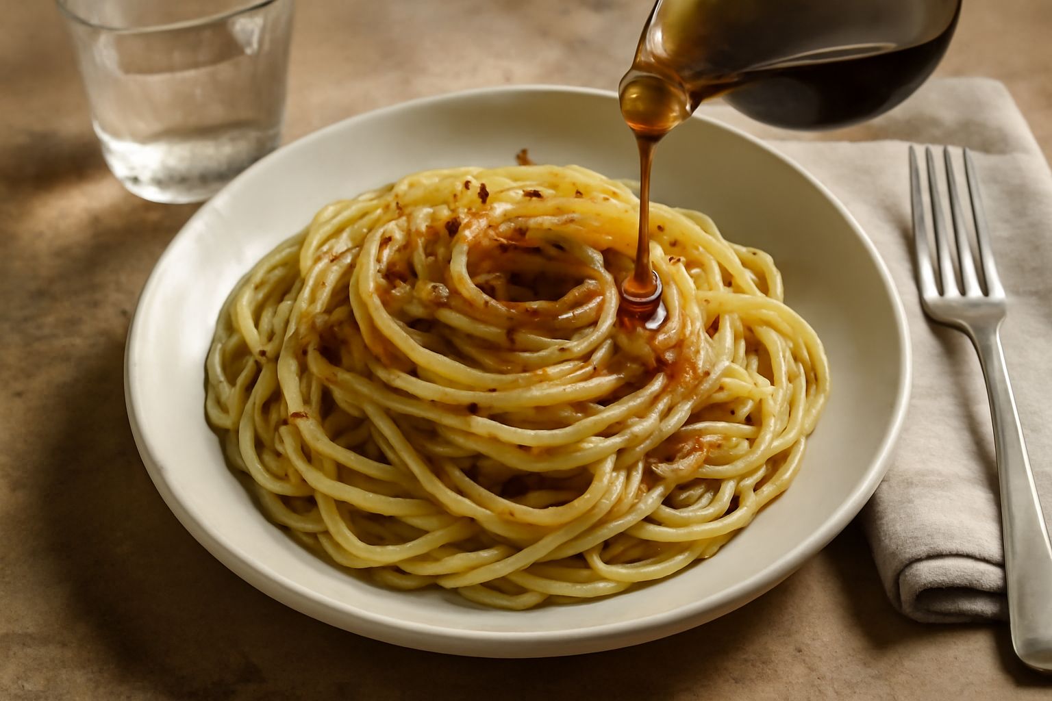 Colatura di acciughe in una piccola bottiglia di vetro trasparente, liquido ambrato e denso, accanto a pochi filetti di acciughe salate intere e un cucchiaio di legno