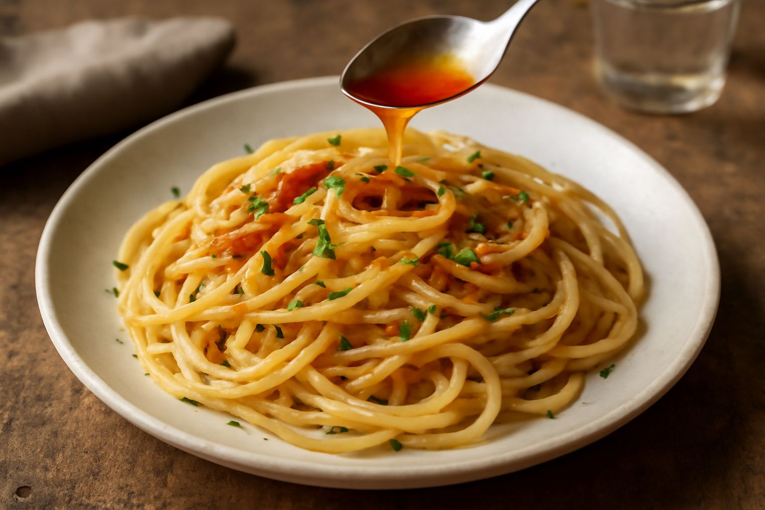 Bottiglia di vetro scuro con colatura di alici ambrata, alcune alici salate intere in un piatto di terracotta bianca, cucchiaio di legno, sfondo neutro.