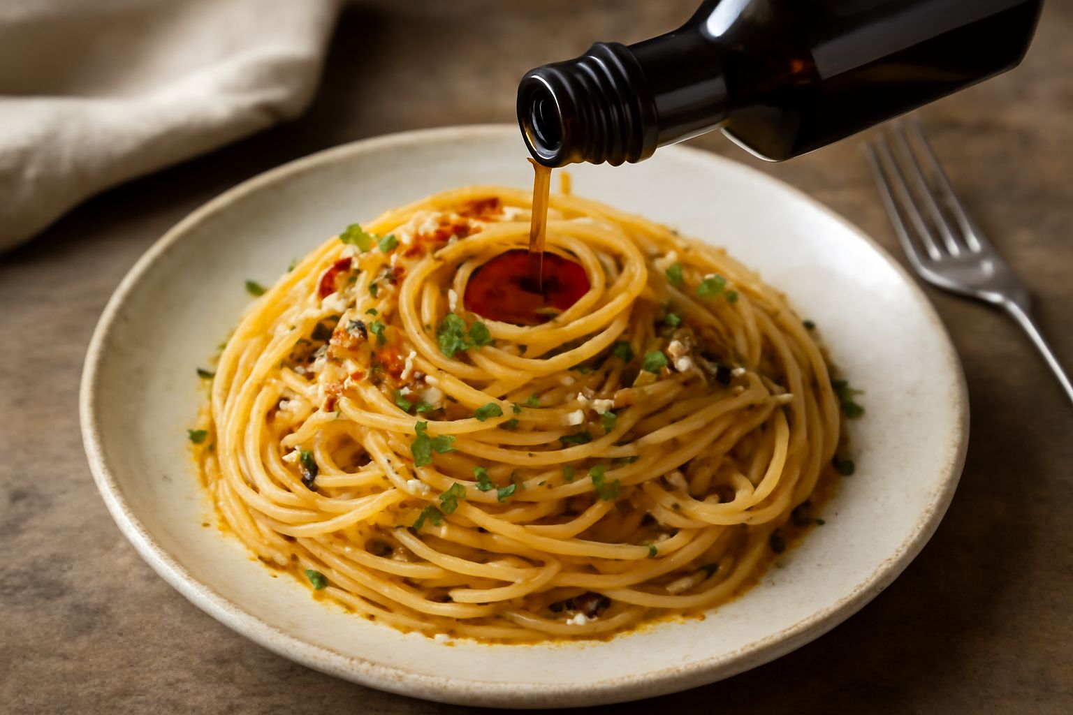 Colatura di alici in bottiglia di vetro scuro, liquido ambrato trasparente, accanto a una ciotola con pasta condita e aglio fresco su tavolo in legno