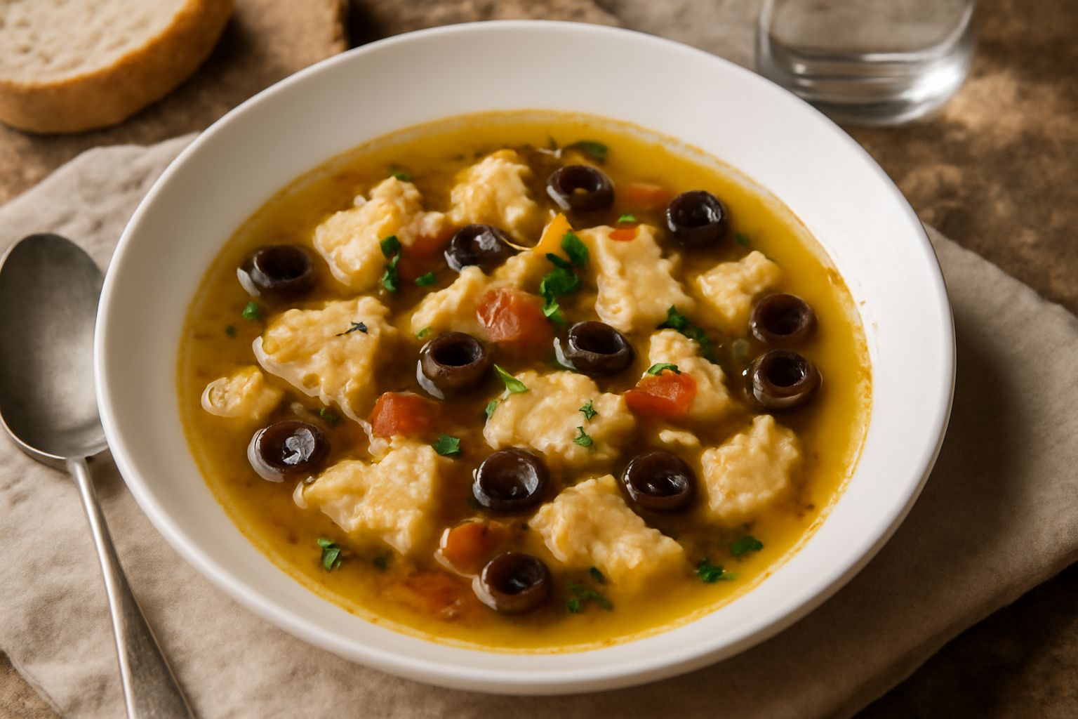 Un piatto fondo bianco con brodetto trasparente color ambra, dentro pezzetti di pesce bianco, qualche pomodoro, olive nere, servito con fettine di pane tostato e prezzemolo fresco tritato sulla superf