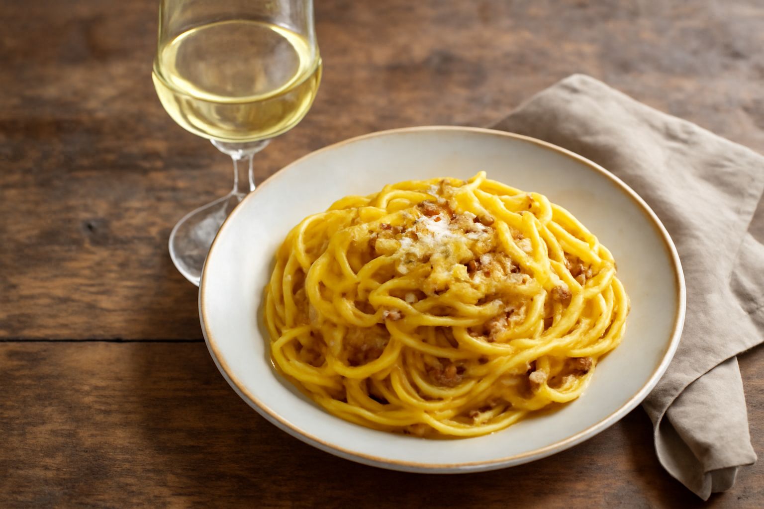 Bicchiere di vino bianco Pignoletto con riflessi gialli e verdognoli, servito su tavolo di legno con pane toscano e formaggi freschi di sfondo