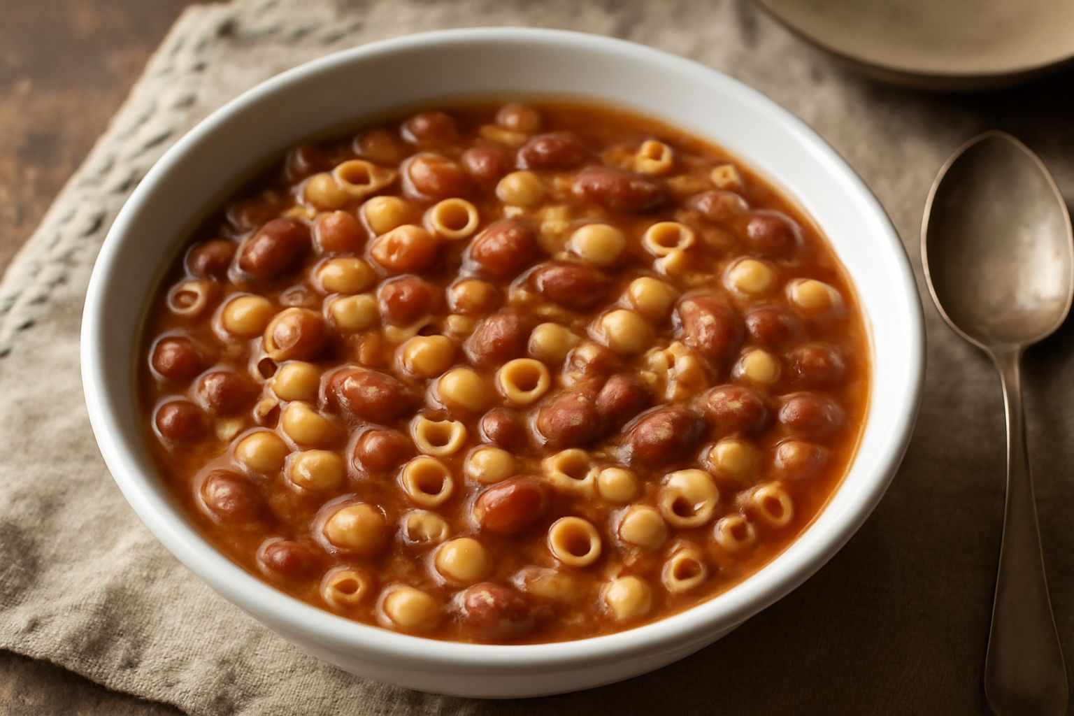 Ciotola di pasta e fagioli fumante con fagioli rossi e bianchi visibili, pasta corta distribuita uniformemente, brodo scuro tirato a lucido, gocce di olio crudo in superficie, servita su piatto bianco