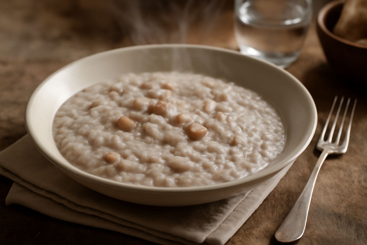 Ciotola di panissa novarese color bianco e nocciola con riso e fagioli cremosi amalgamati, superficie liscia e lucida, vapore appena uscito, servita in piatto bianco fondo con cucchiaio in legno