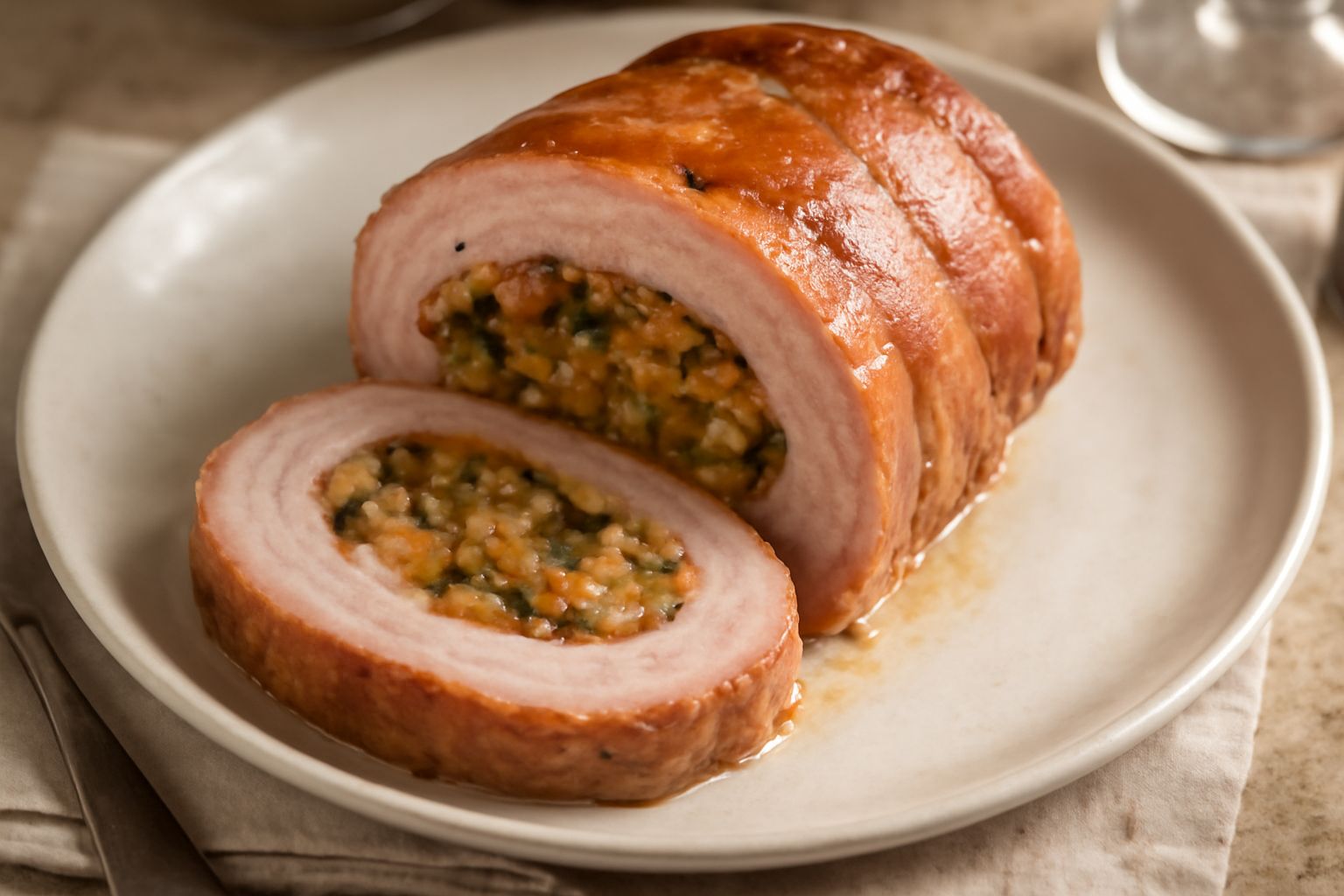 Collo di maiale ripieno affettato su un piatto bianco, con sezione visibile della farcia chiara mista a verdure, circondata da salsa dorata e contorno di spinaci saltati