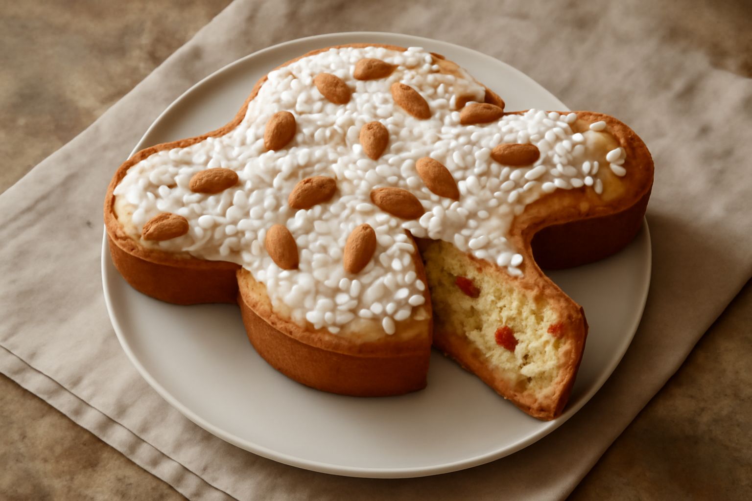 Colomba pasquale intera su carta bianca, forma di colomba con ali ben definite, glassa bianca con granella di zucchero e mandorle, superficie dorata, canditi rossi e gialli visibili, sfondo neutro bei