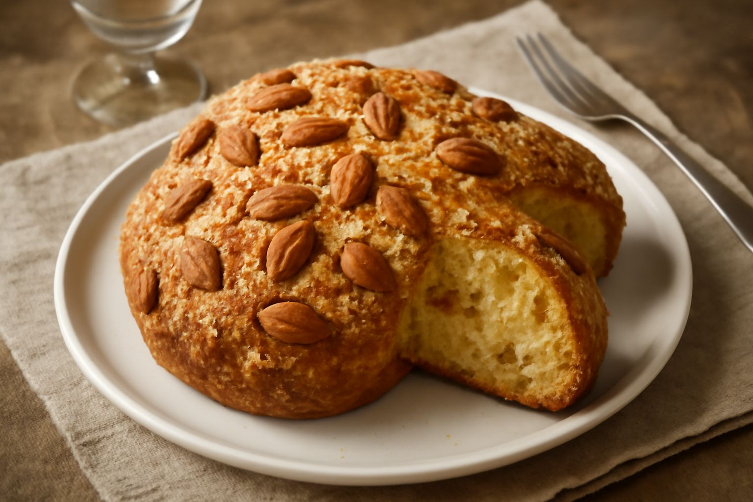 Colomba abruzzese dorata e fragrante su un piatto bianco, guarnita di mandorle e zucchero semolato, con una fetta tagliata che mostra l'interno ricco di canditi e uvetta