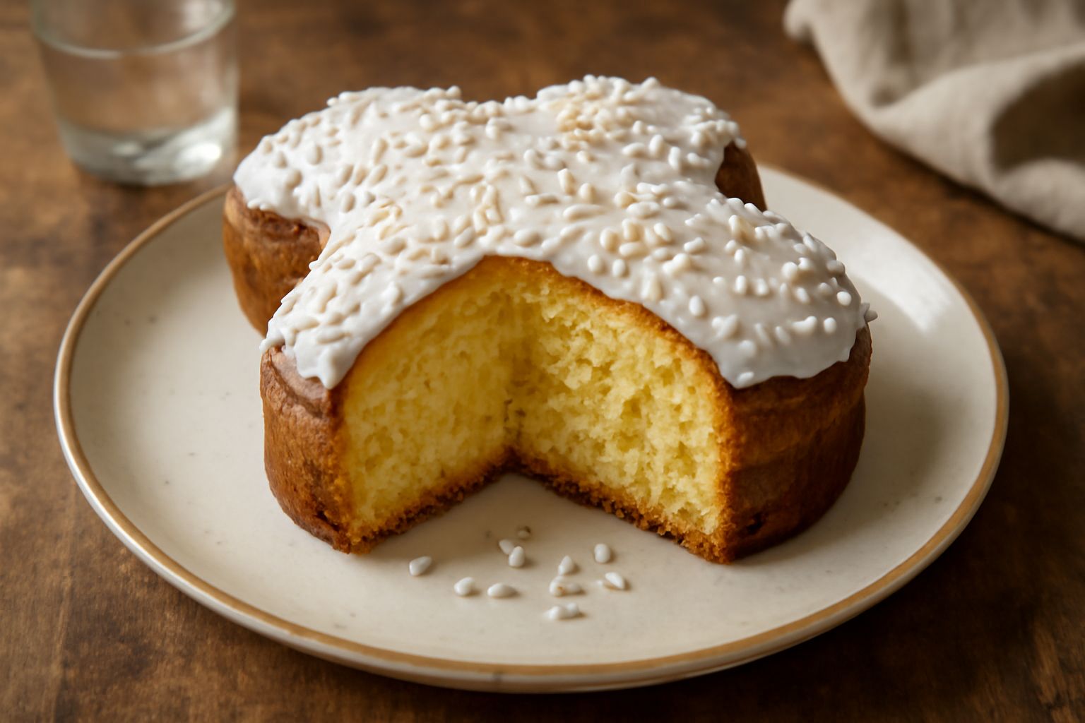 Colomba di Pasqua intera su piatto bianco, forma di uccello riconoscibile, glassa bianca lucida su top, granella di zucchero sui lati, superficie dorata, fetta tagliata che mostra mollica gialla chiar