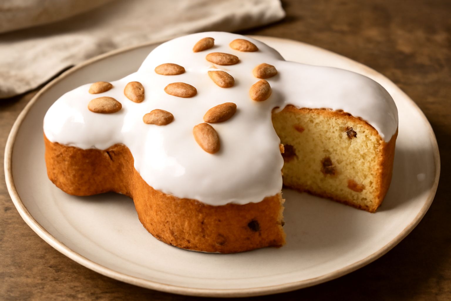 Colomba dolce intera con glassa bianca e granella di mandorle, forma di uccello stilizzato, morbida e dorata, su tavolo di legno chiaro con cristalli di zucchero visibili sulla superficie