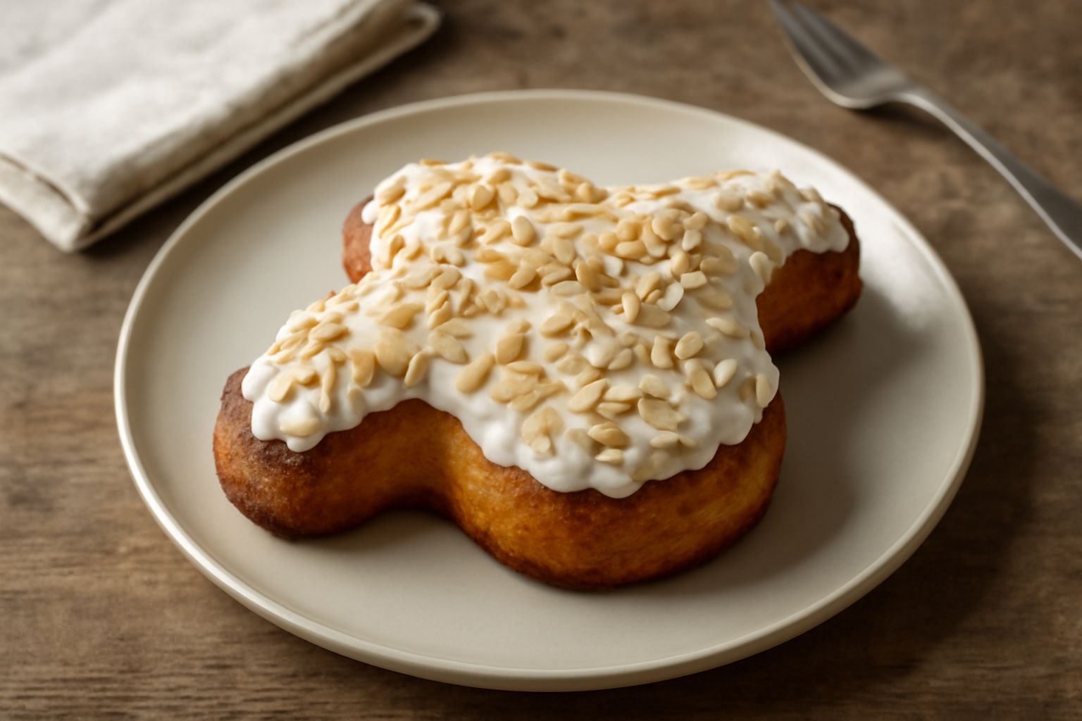 Colomba pasquale dorata con glassa bianca e mandorle, tagliata a fette, su piatto bianco con tovagliolo di lino beige