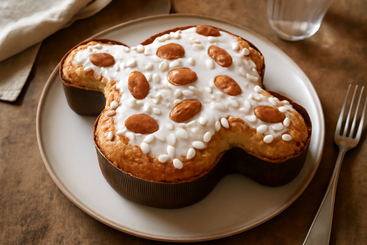 Colomba pasquale bresciana intera, dorata e fragrante, con copertura bianca di mandorle intere e granella di zucchero, affettata e servita su un piatto bianco con una tazza di tè accanto