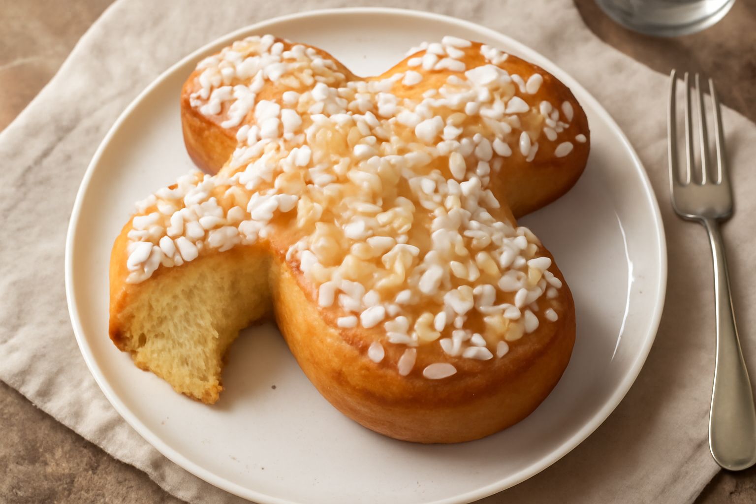 Colomba pasquale padovana intera su piatto bianco, forma di colomba con ali distese, glassa con granella di zucchero sulla superficie, colore dorato, canditi visibili in sezione