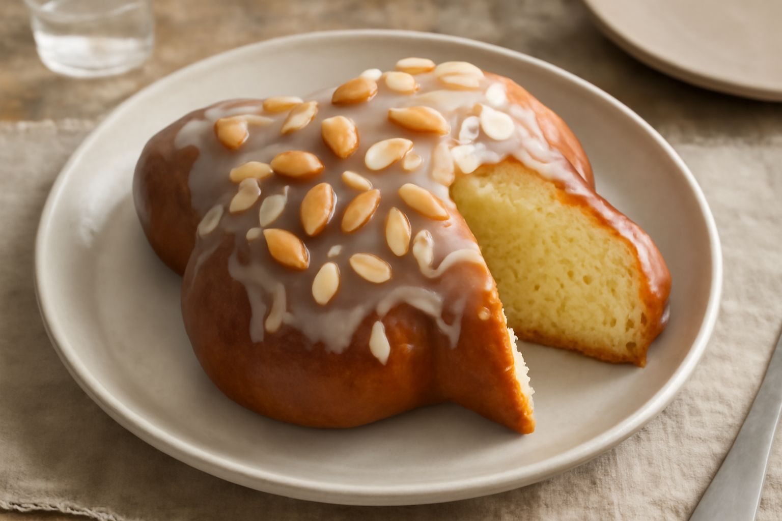 Colomba pasquale siciliana dorata e intera su piatto bianco, con glassa di zucchero e mandorle filettate in superficie, circondata da agrumi e mandorle intere