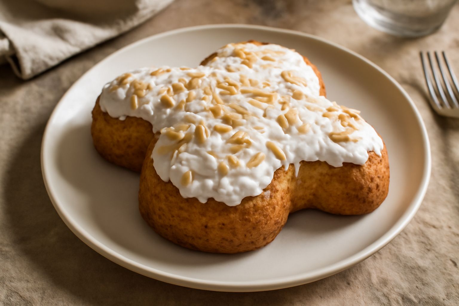 Colomba pasquale veneta intera su piatto bianco, con forma a colomba, superficie dorata e leggermente screpolata, glassa bianca e granella di zucchero visibile sulla sommità, sfondo neutro grigio