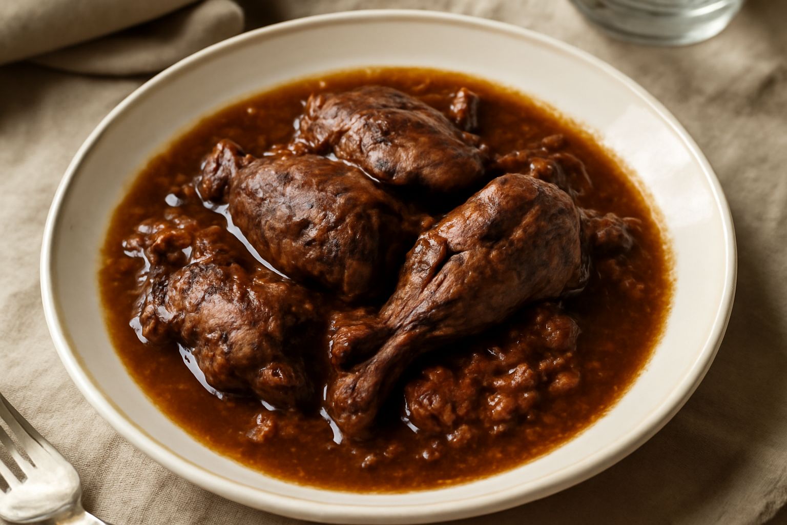Colombaccio in umido in terracotta, pezzi di carne scura e tenera immersi in sugo marrone intenso, con carote, sedano e cipolle caramellate attorno, in piatto fondo bianco con cucchiaio di legno