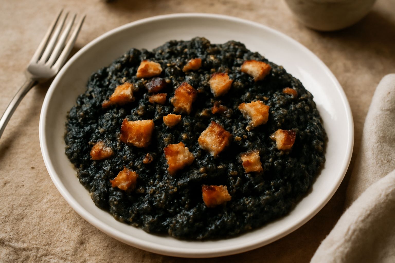 Colonnata servita in piatto fondo bianco: cavolo nero scuro massato, pane tostato spezzettato color marrone dorato, filo di olio verde oliva in superficie, contorno di fette di pane croccante