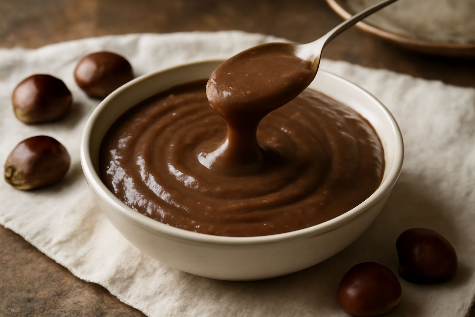 Un barattolo di vetro trasparente pieno di composta di castagne di colore marrone scuro, densità cremosa, con un cucchiaio di legno appoggiato sul bordo e castagne intere accanto