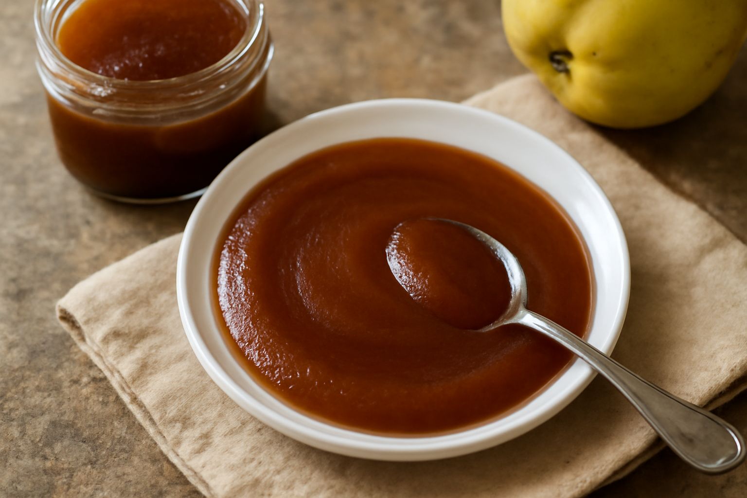 Composta di cotogne in un barattolo di vetro trasparente, di colore ambrato scuro, cremosa e densa, con un cucchiaio in legno appoggiato sopra. Accanto, una cotogna intera con buccia gialla-verde e du