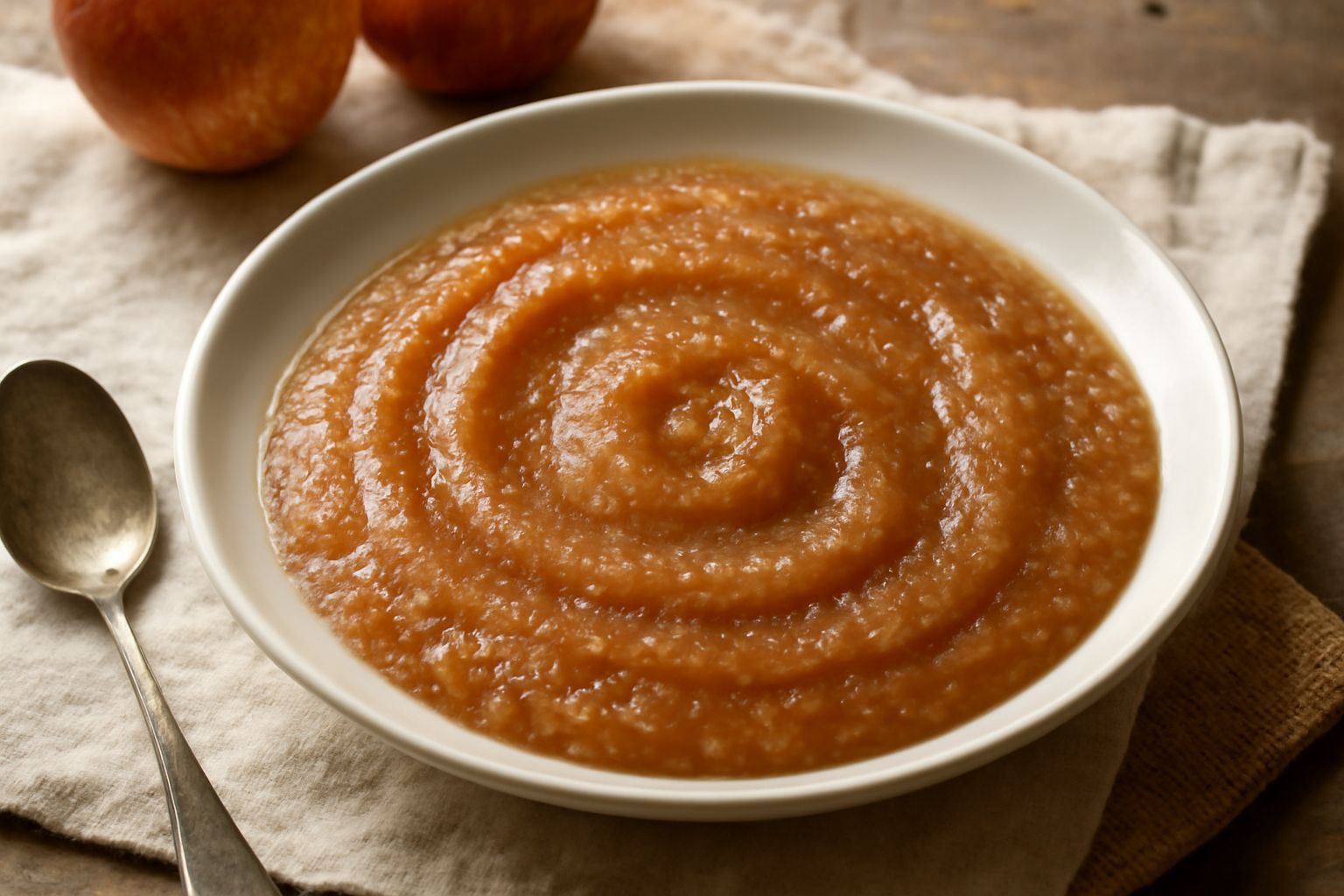 Composta di mele densa e marrone dorato in una ciotola bianca, con un cucchiaio di legno dentro, su uno sfondo di marmo grigio con tre mele rosse intere accanto