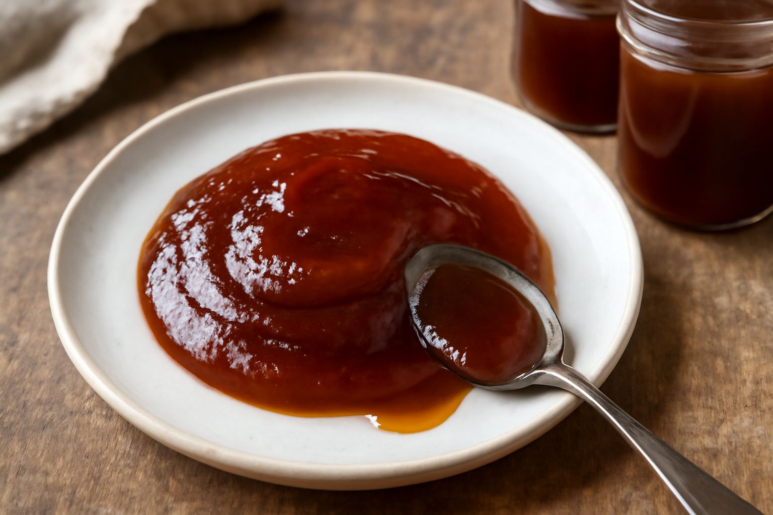 Composta di mele cotogne color ambra e bruno nei barattoli in vetro trasparente, con superficie liscia e lucida, accompagnata da mele cotogne gialle intere e una cucchiaiata di composta su una piccola