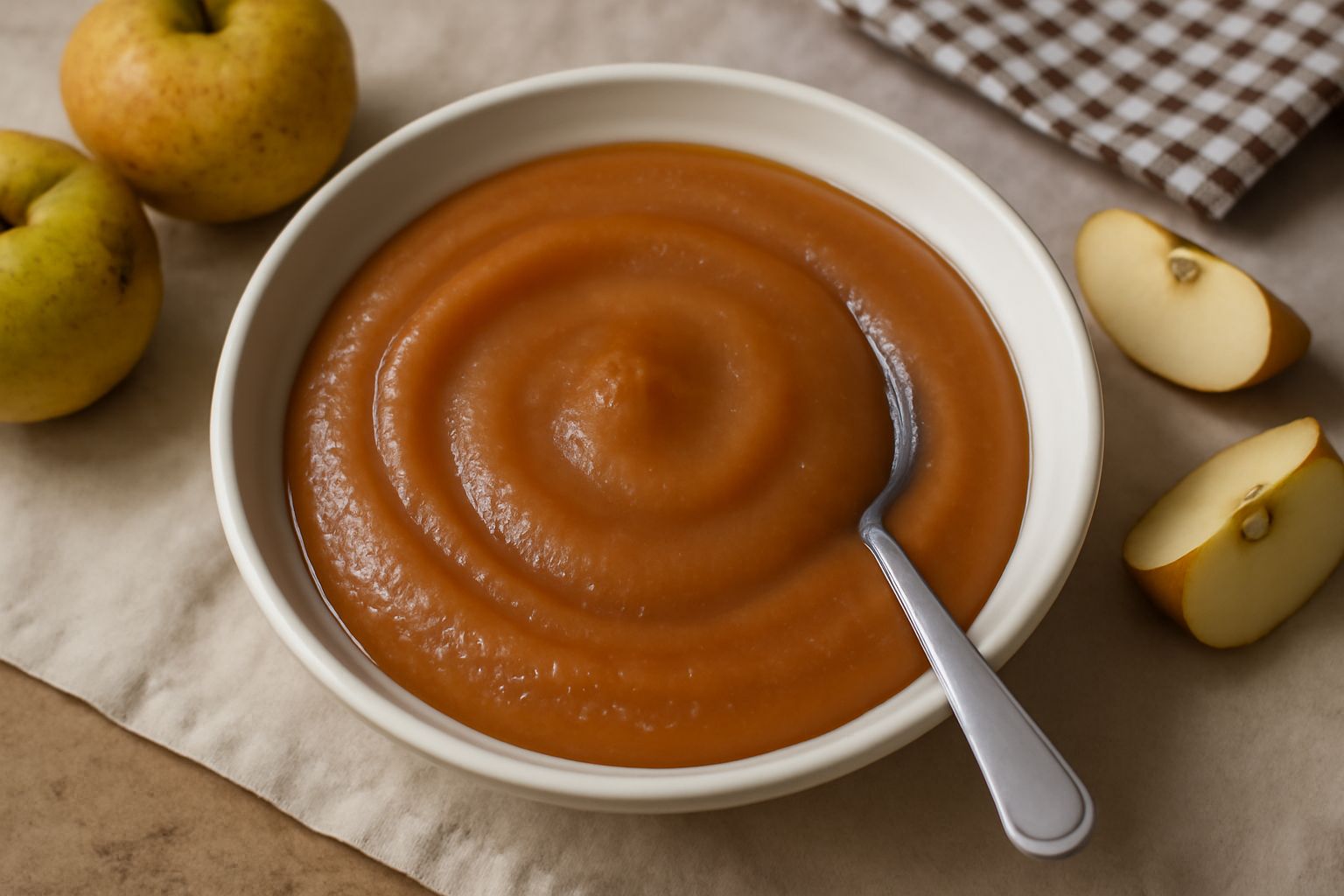 Composta di mele renette in una ciotola di ceramica bianca, color ambra scuro, con consistenza densa e cremosa, cucchiaio in legno appoggiato, nessun'altra guarnizione