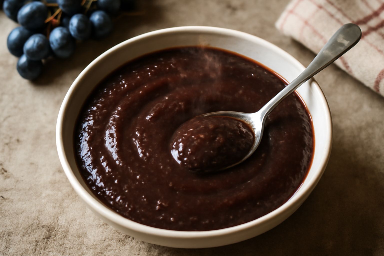 Composta di uva fragola in ciotola di ceramica bianca, colore marrone scuro con riflessi violacei, cucchiaio di legno dentro, fondo di piastrelle grigie opache con luce naturale