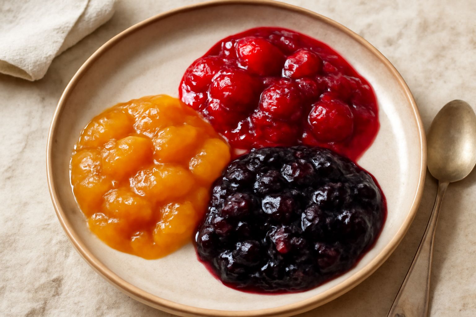 Composta di frutta rosso scuro in una ciotola di ceramica bianca, servita con un cucchiaio di legno, accanto a fragole fresche e mirtilli su un tavolo di legno chiaro