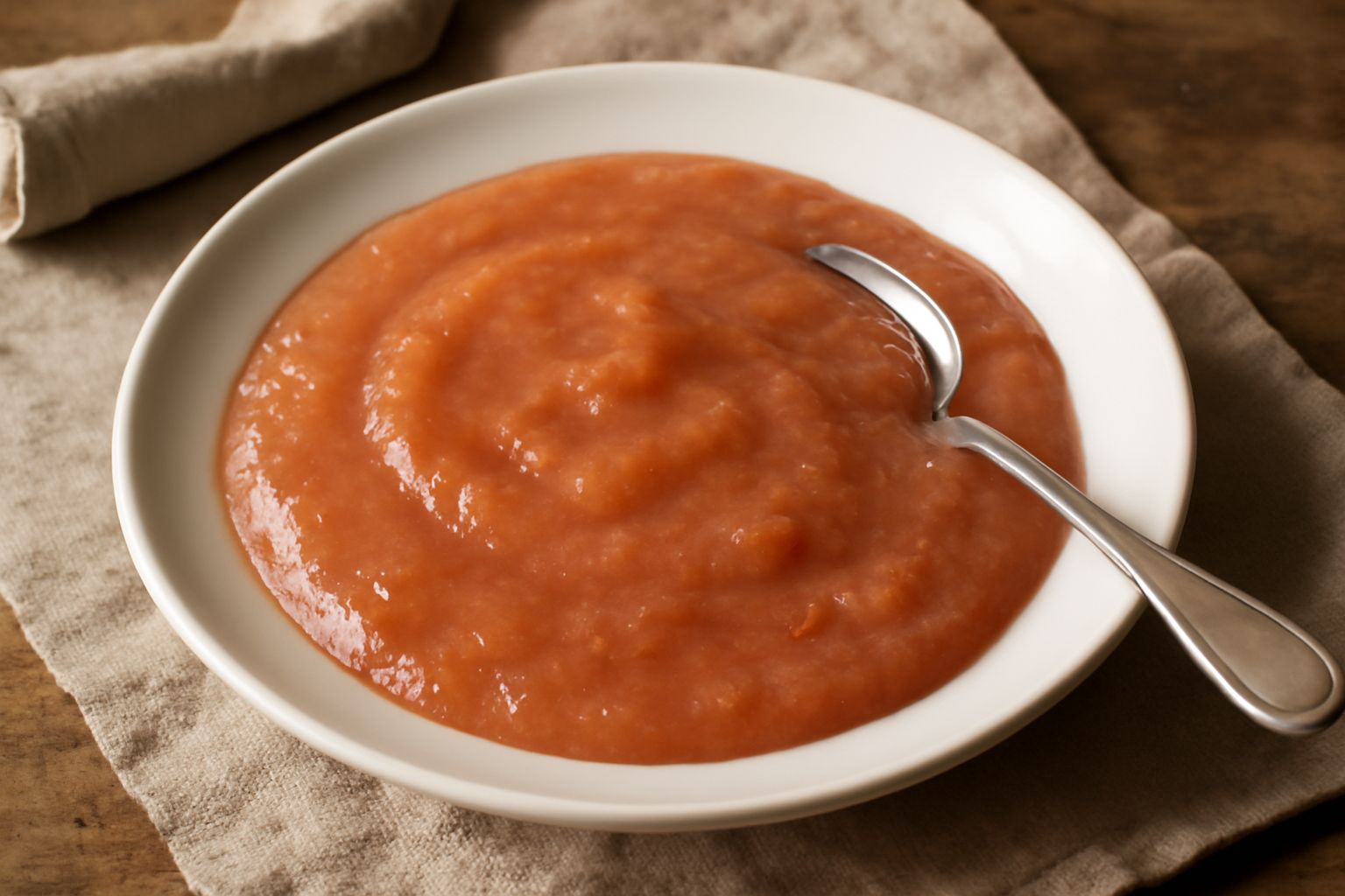 Composta di frutta estiva color albicocca in una ciotola di ceramica bianca, con superficie lucida e omogenea, accompagnata da fragole fresche e una cucchiaiata di composta su un piattino accanto, su 