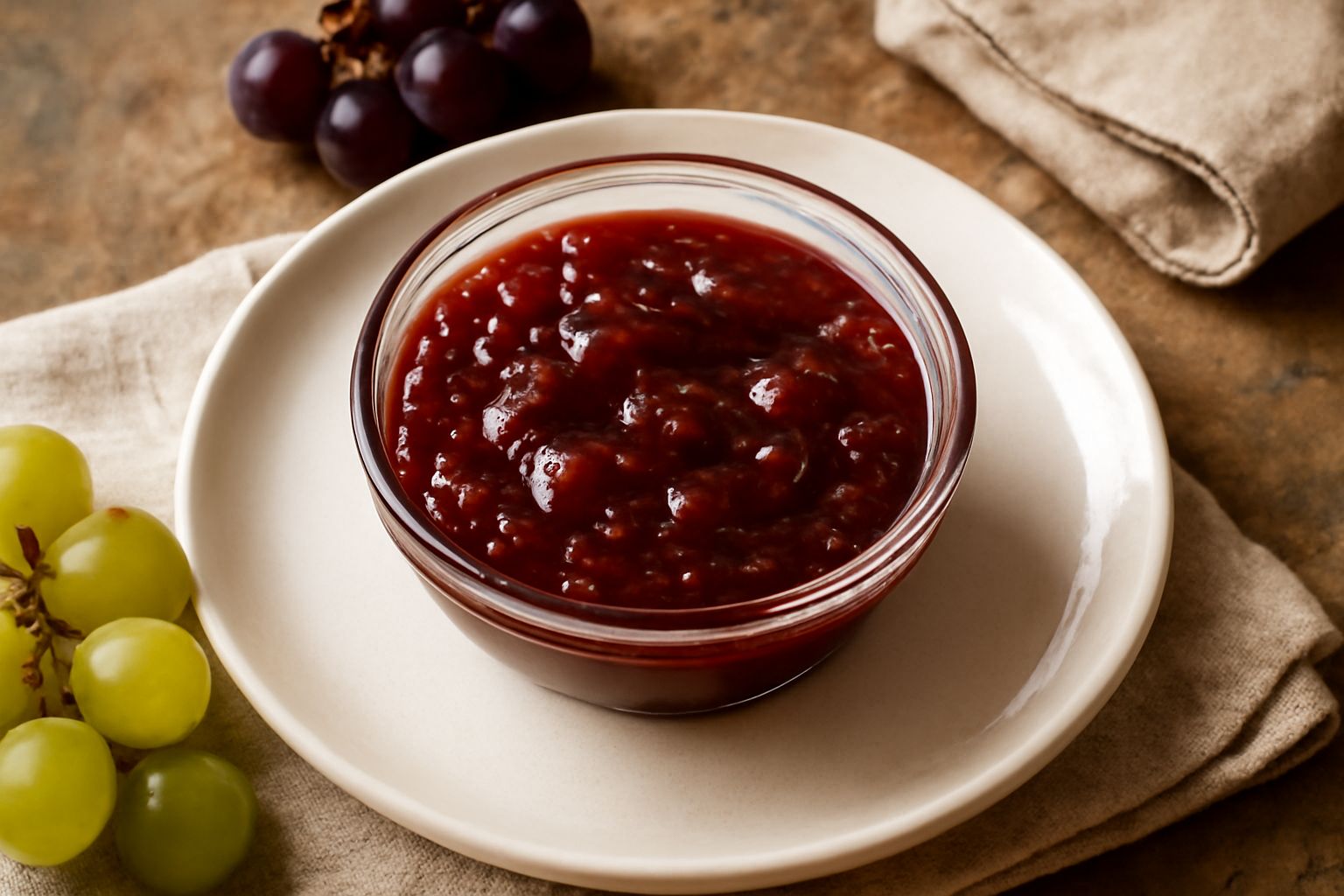 Composta d'uva color bordeaux scuro in una ciotola bianca, densa e brillante, con un cucchiaio d'acciaio, accompagnata da chicchi d'uva rossa accanto