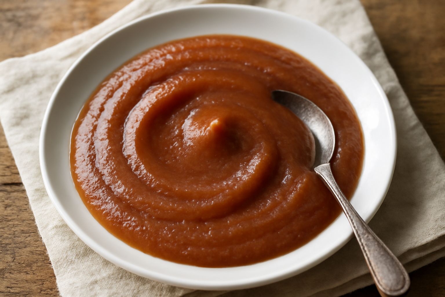 Ciotola bianca con compota di frutta marrone-dorata, cremosa, servita con un cucchiaio di legno e fragole fresche accanto su sfondo neutro