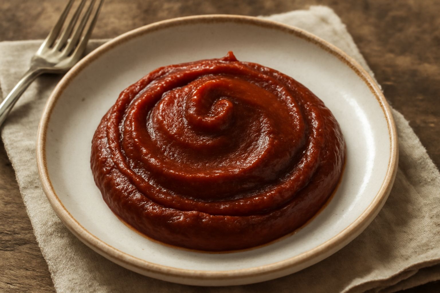 Cucchiaio di legno immerso in una ciotola di concentrato di pomodori rosso scuro e brillante, con sfondo di pomodori freschi rossi e basilico verde.