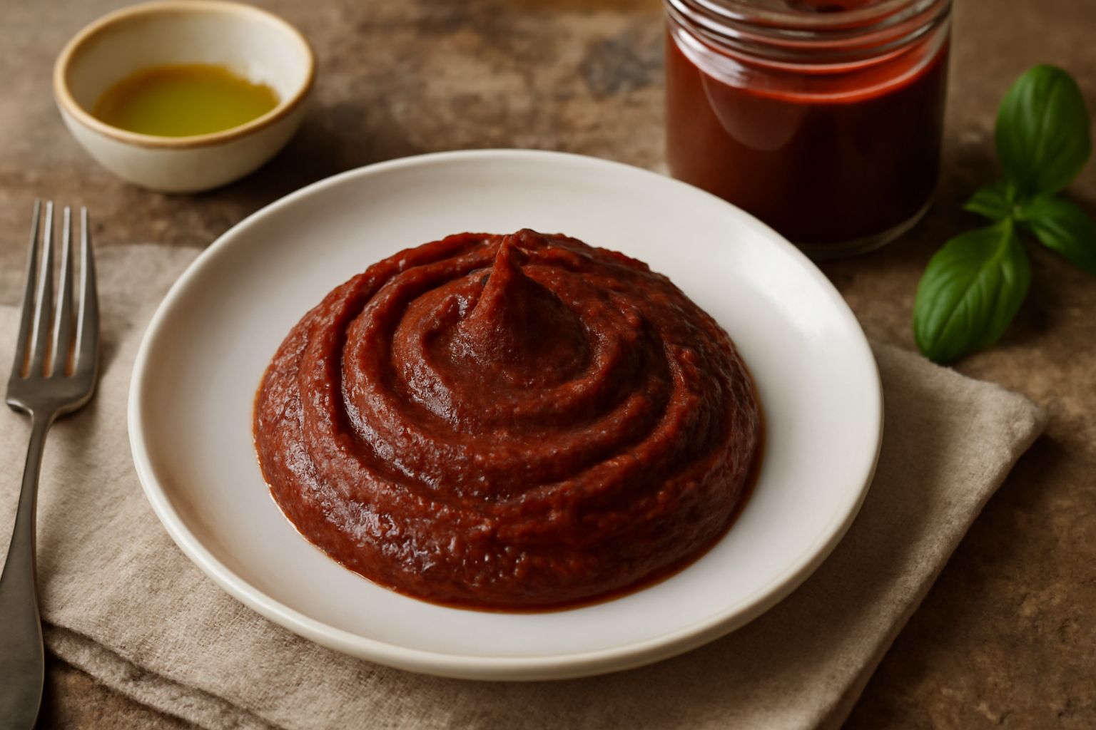 Concentrato di pomodoro rosso scuro in un barattolo di vetro trasparente, con cucchiaino di legno appoggiato sul bordo e pomodori freschi rossi accanto