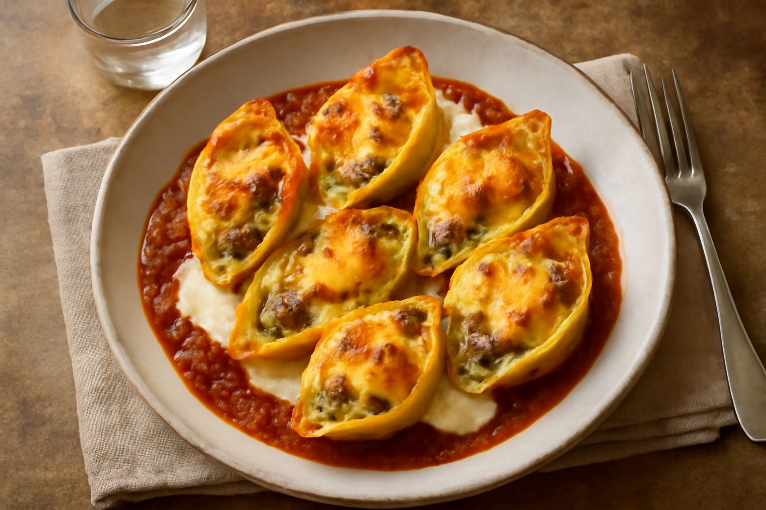 Conchiglioni ripieni in pirofila da forno, ricoperti di besciamella bianca e salsa rossa, gratinati in superficie con formaggio fuso e bolle dorate, contorno di salsa di pomodoro rosso vivo