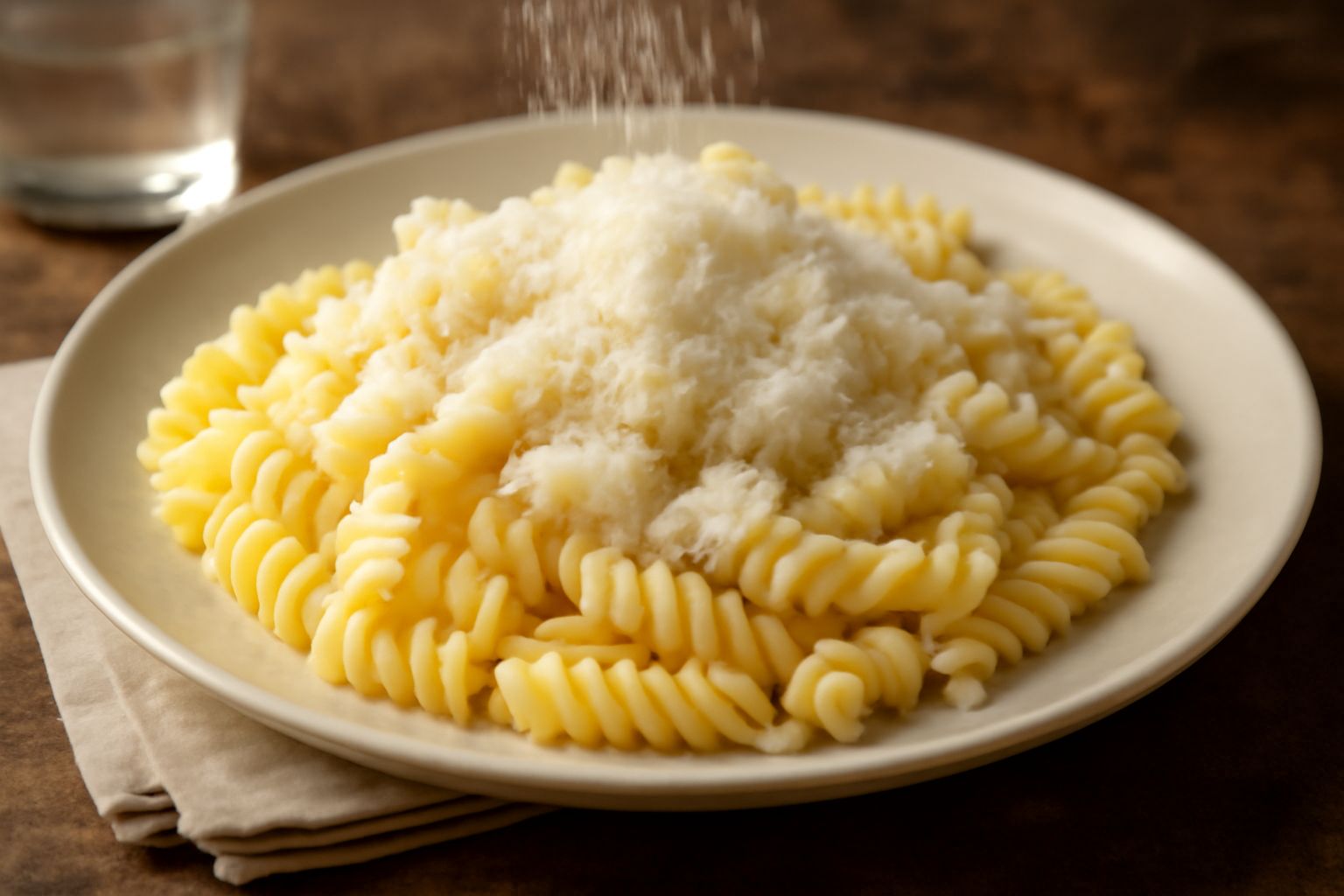 Parmigiano grattugiato bianco avorio appena spolverato su un piatto di pasta calda, con scaglie irregolari che riflettono la luce, accanto a un pezzo di formaggio intero e una grattugia in acciaio