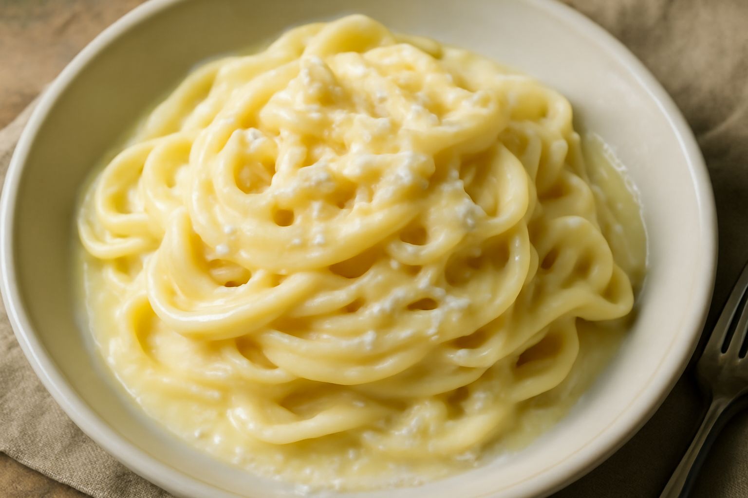 Un piatto fondo di pasta fresca rivestita di un condimento cremoso bianco giallastro, con scaglie di formaggio pecorino grattugiato in rilievo sulla superficie, una noce di burro dorato appena sciolto