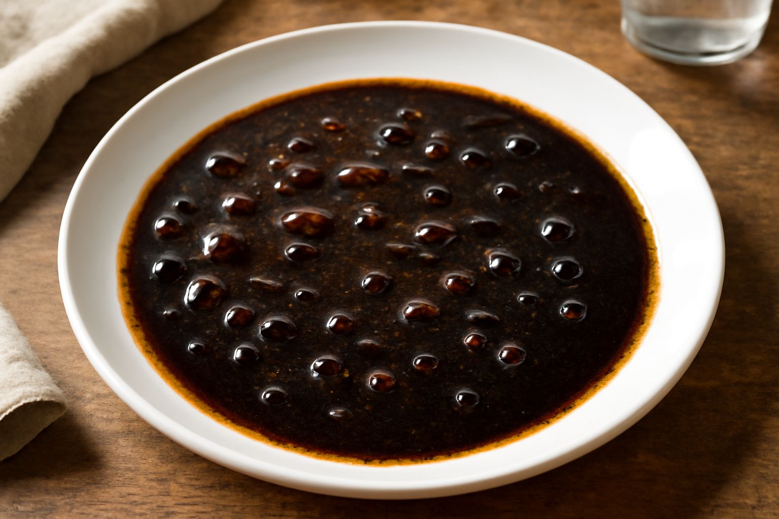 Condimento al genepro in una ciotola di vetro trasparente, con bacche intere visibili nella salsa marrone scuro, un cucchiaio di legno dentro, e una bottiglia di olio sfocata sullo sfondo