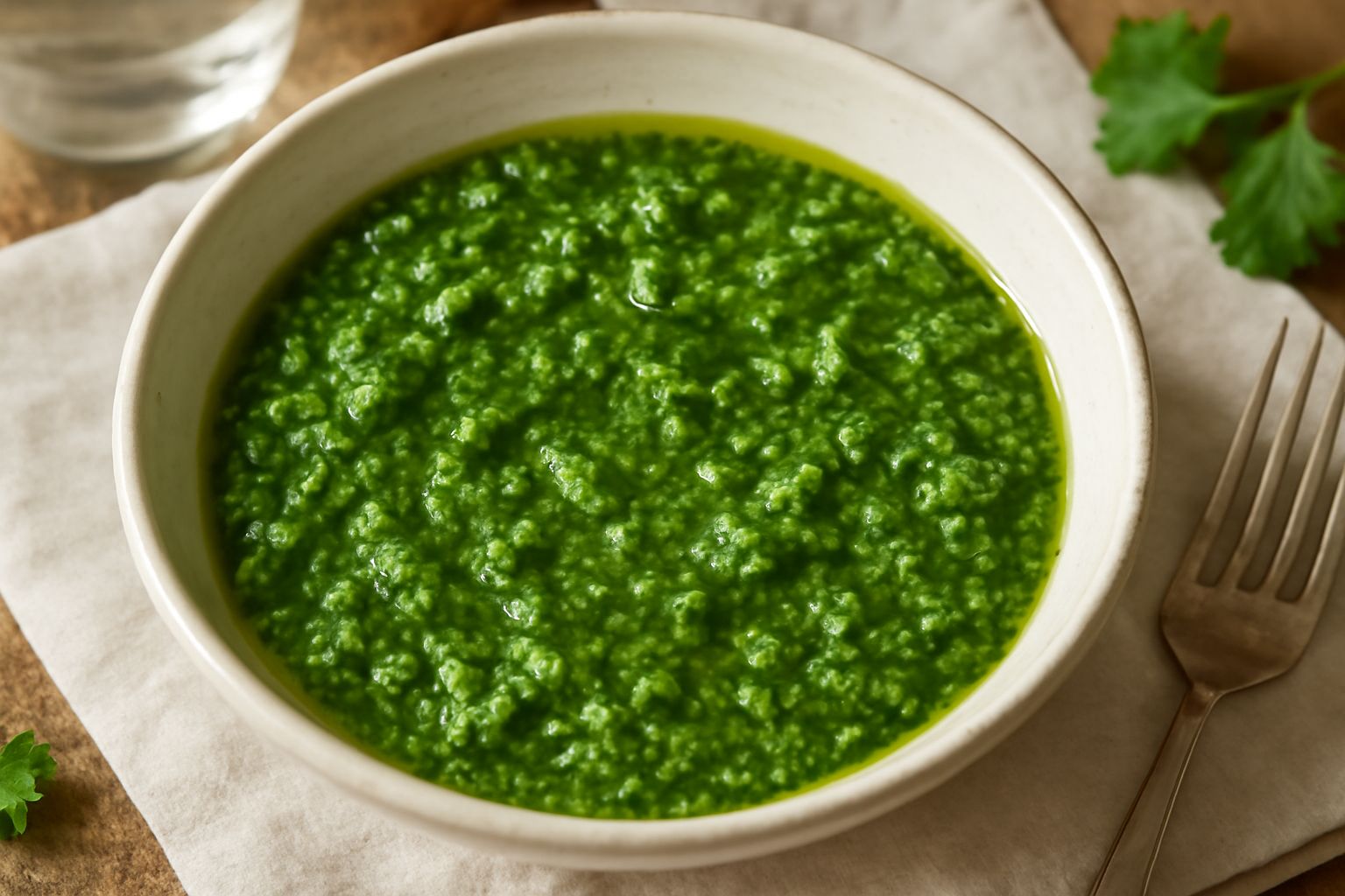 Ciotola bianca contenente condimento verde al prezzemolo tritato finemente, con gocce di olio dorato in superficie, limone fresco affettato a lato e rametti di prezzemolo fresco sul bordo del piatto