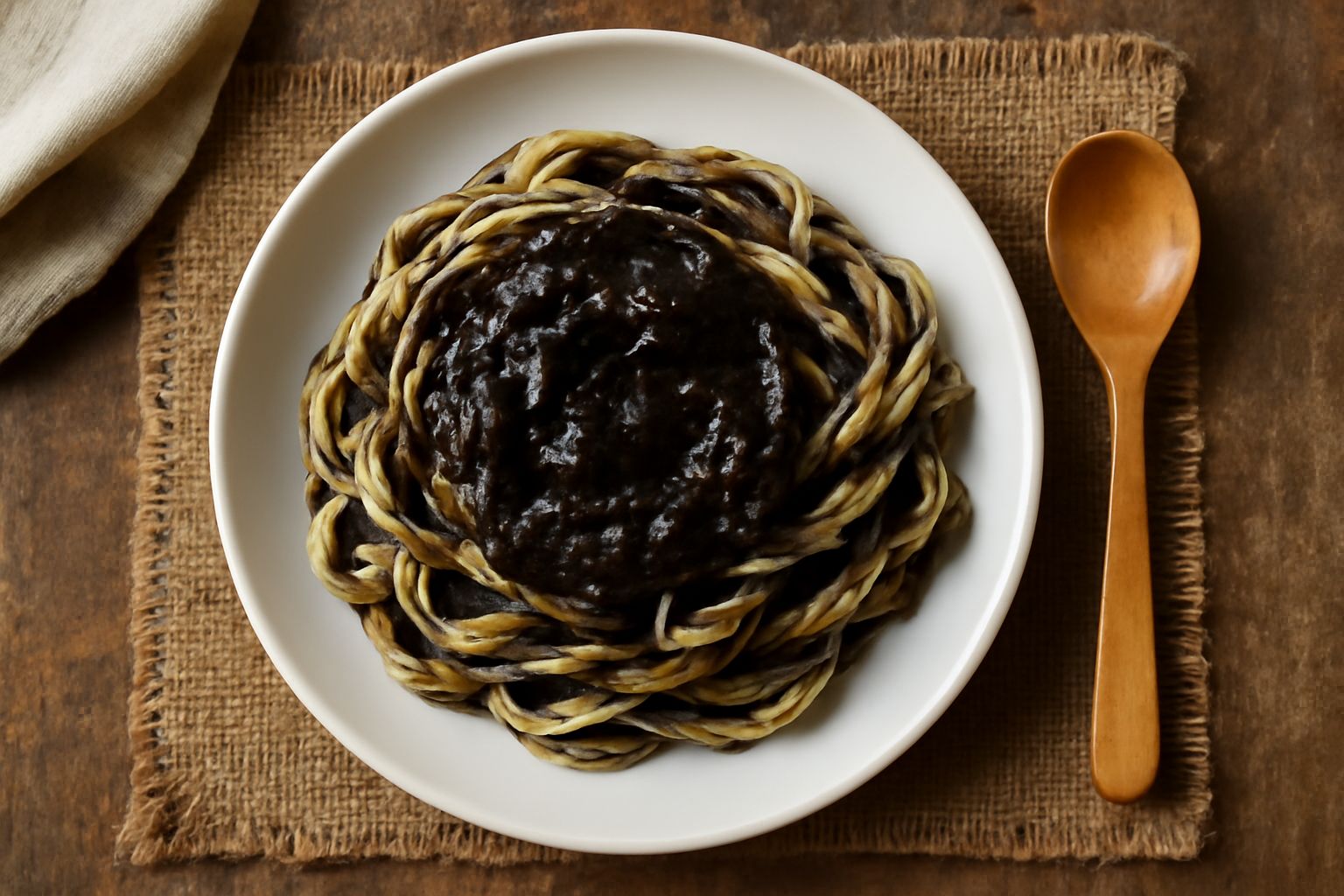 Ciotola di vetro trasparente con condimento al tartufo nero scuro e denso, olio lucido in superficie, accanto a tartufo nero intero nodoso e cucchiaio di legno su tavolo di marmo bianco