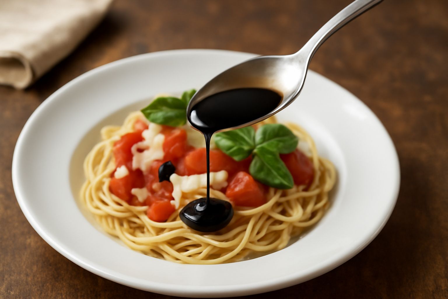 Un cucchiaio di legno bagna in condimento balsamico scuro e brillante, che forma una goccia densa. Il condimento è lucido, quasi nero, in una ciotola piccola accanto a pomodori rossi e foglie di basil