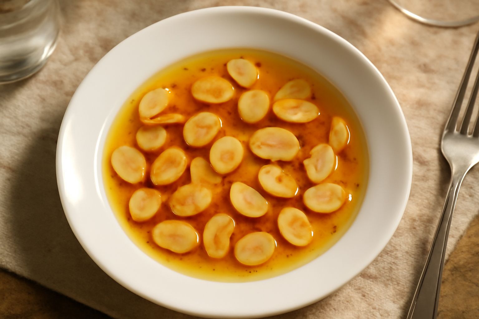 Condimento all'aglio e olio in una ciotola bianca: olio dorato con fettine di aglio leggermente dorate e peperoncino rosso, su fondo di legno naturale