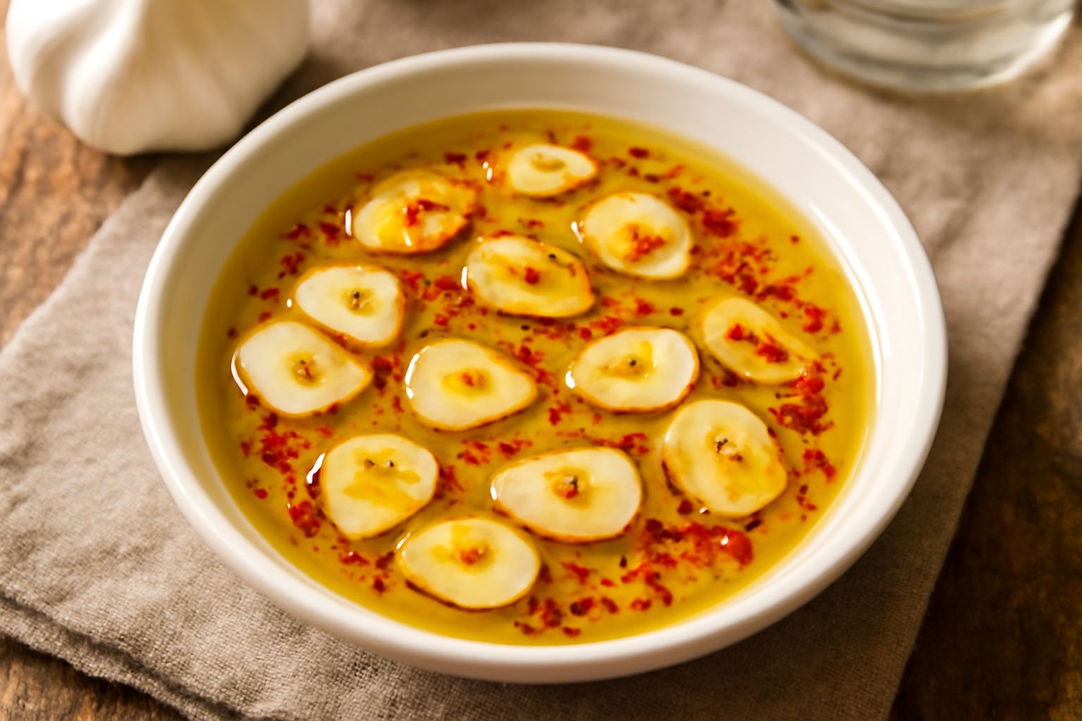 Olio extravergine di colore giallo-verdognolo in una ciotola di ceramica bianca, con fettine sottili di aglio e peperoncini rossi interi visibili nell'olio, servito su un tavolo di legno scuro con un 