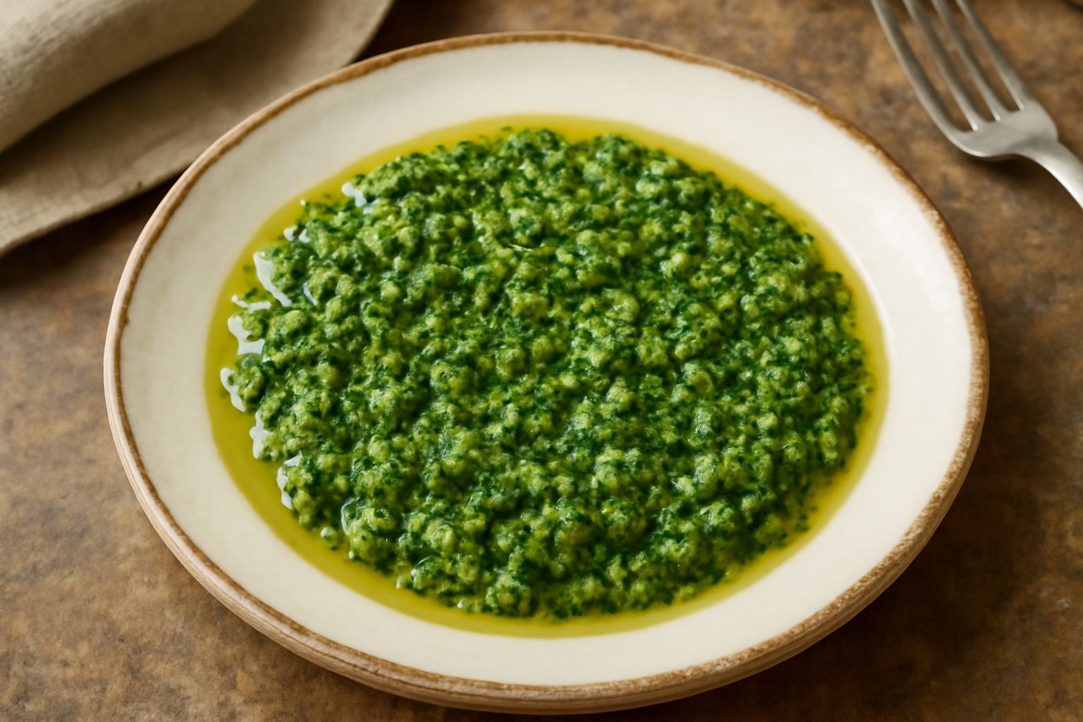 Ciotola di vetro con condimento verde brillante a base di aglio e prezzemolo tritati, olio dorato, su tavolo di legno chiaro con spicchi d'aglio fresco e rametti di prezzemolo accanto