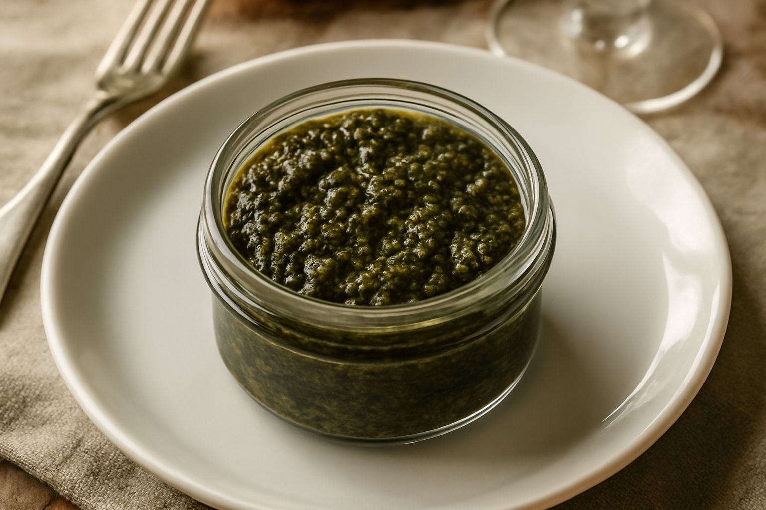 Vasetto di vetro con condimento verde scuro fatto di erbe selvatiche sminuzzate in olio d'oliva, accanto a rametti di prezzemolo, timo e salvia fresca su fondo di legno