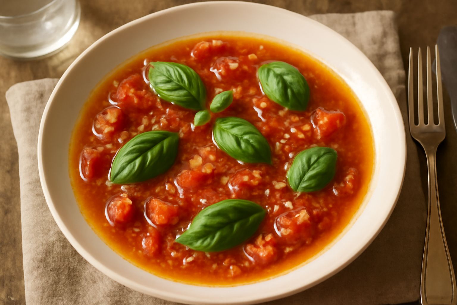 Ciotola di vetro trasparente con salsa rosso intenso, pezzetti di pomodoro visibili, foglioline di basilico verde brillante galleggiano in superficie, filo di olio dorato, aglio tritato distribuito, f