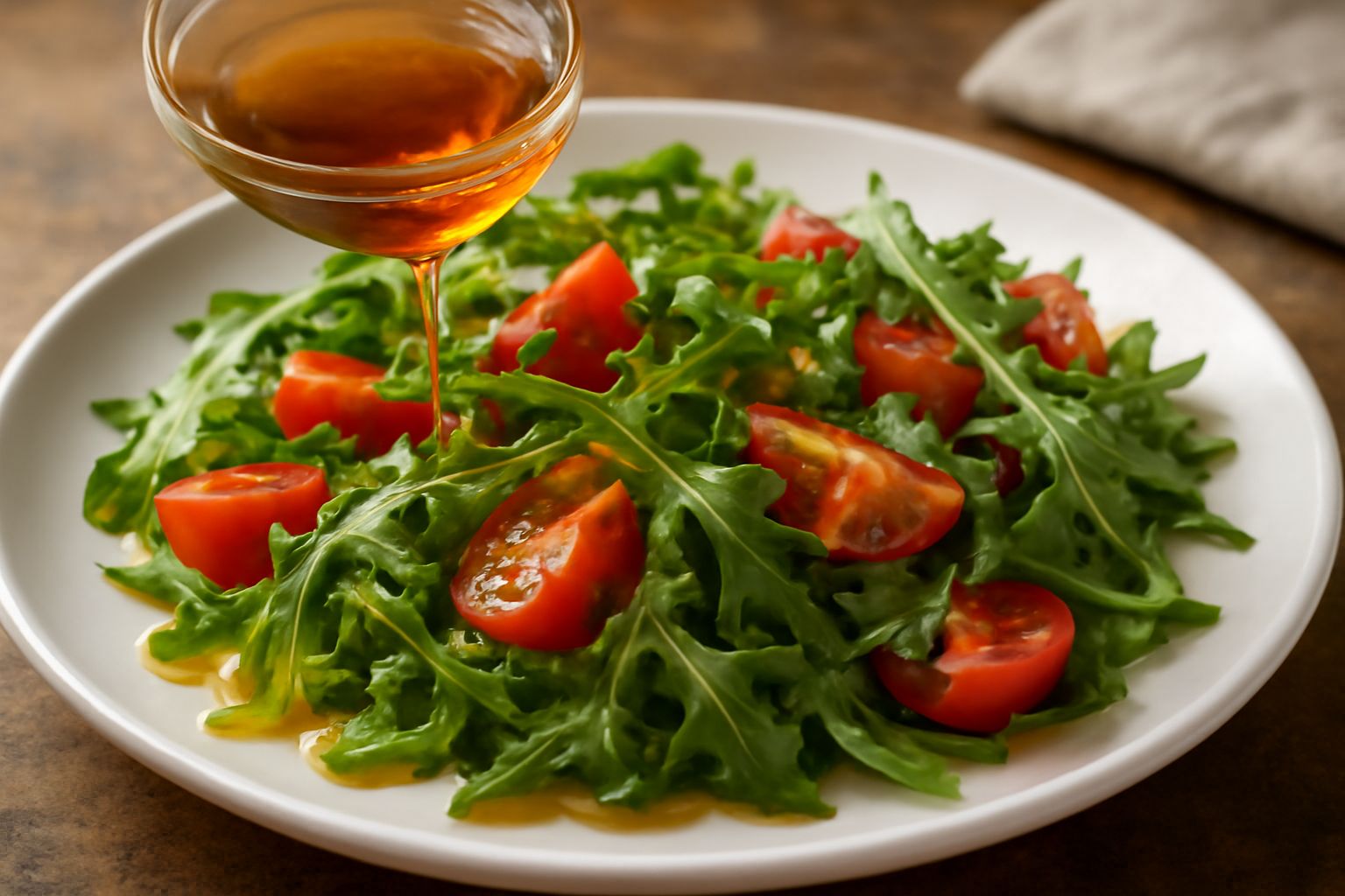 Un piccolo vasetto di vetro con condimento all'olio di semi di lino color ambra, accanto a un piatto bianco con insalata mista di rucola e pomodori, cucchiaio di legno su tavolo di pietra grigia