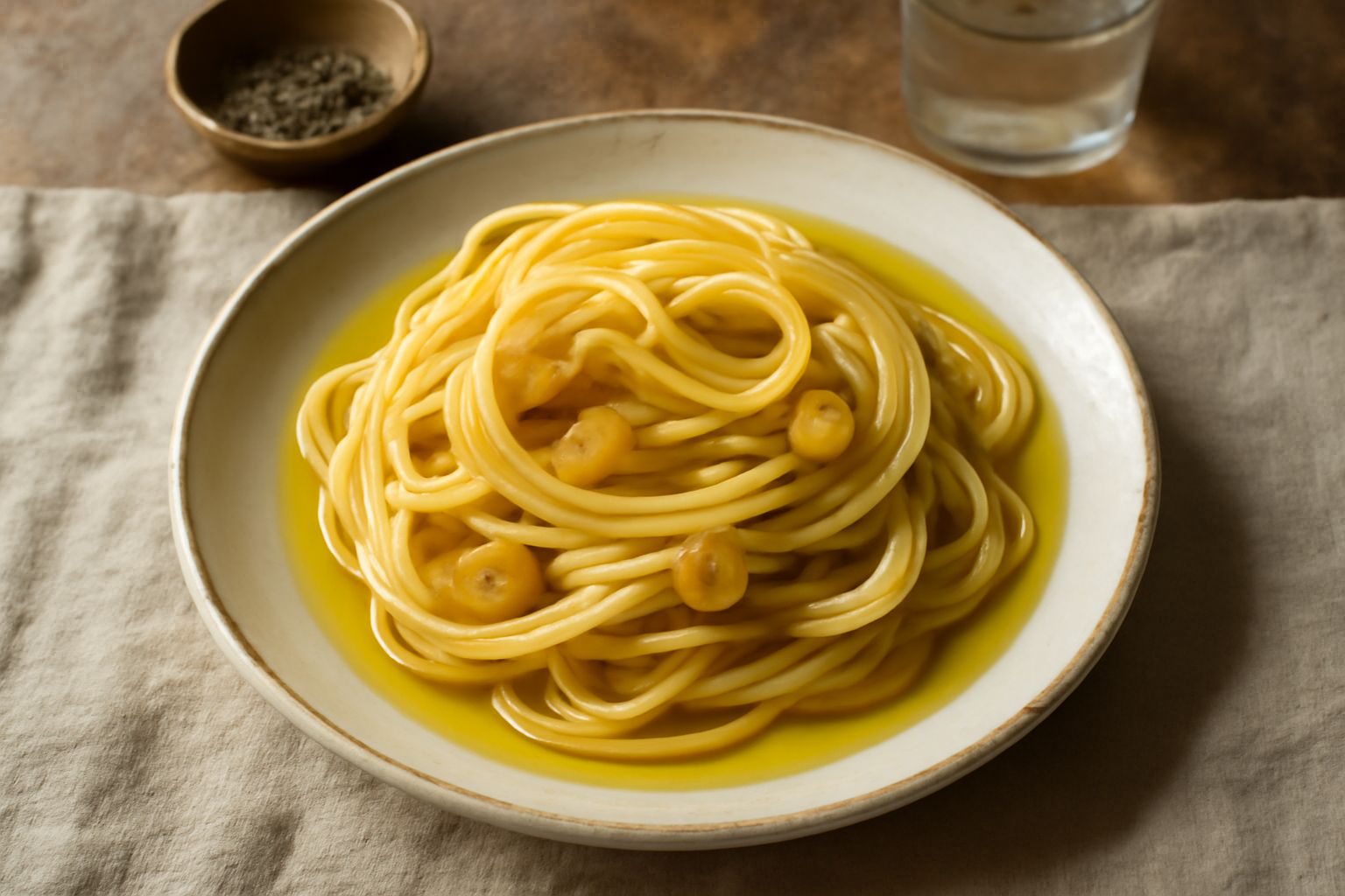 Olio d'oliva dorato con spicchi d'aglio appena dorati in una ciotola di ceramica bianca, con prezzemolo fresco verde accanto, ripreso dall'alto su un tavolo di legno chiaro