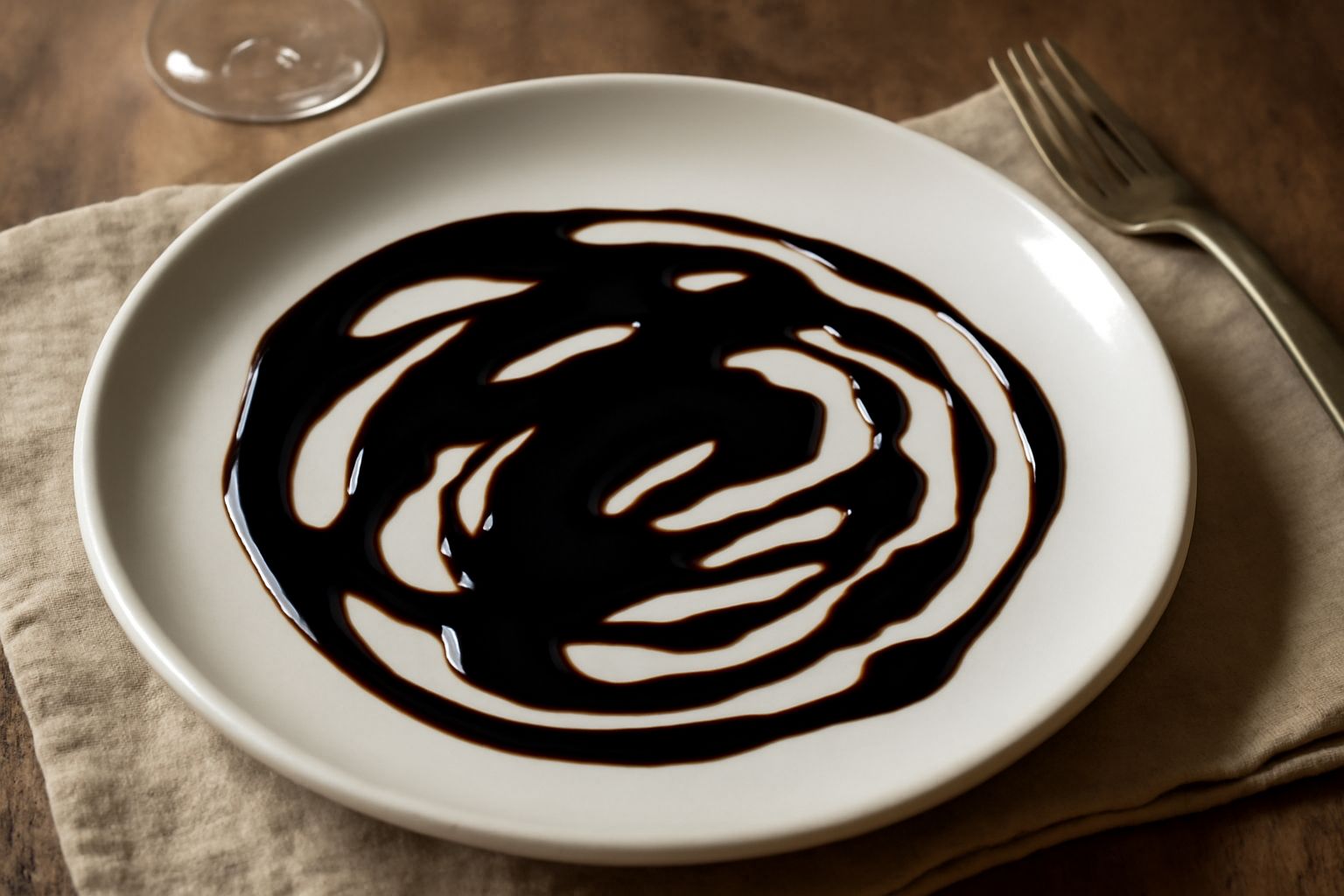 Aceto balsamico tradizionale di Modena colato da un cucchiaio in acciaio su un piatto bianco, liquido scuro e denso che forma fili lucidi, sfondo neutro di legno chiaro