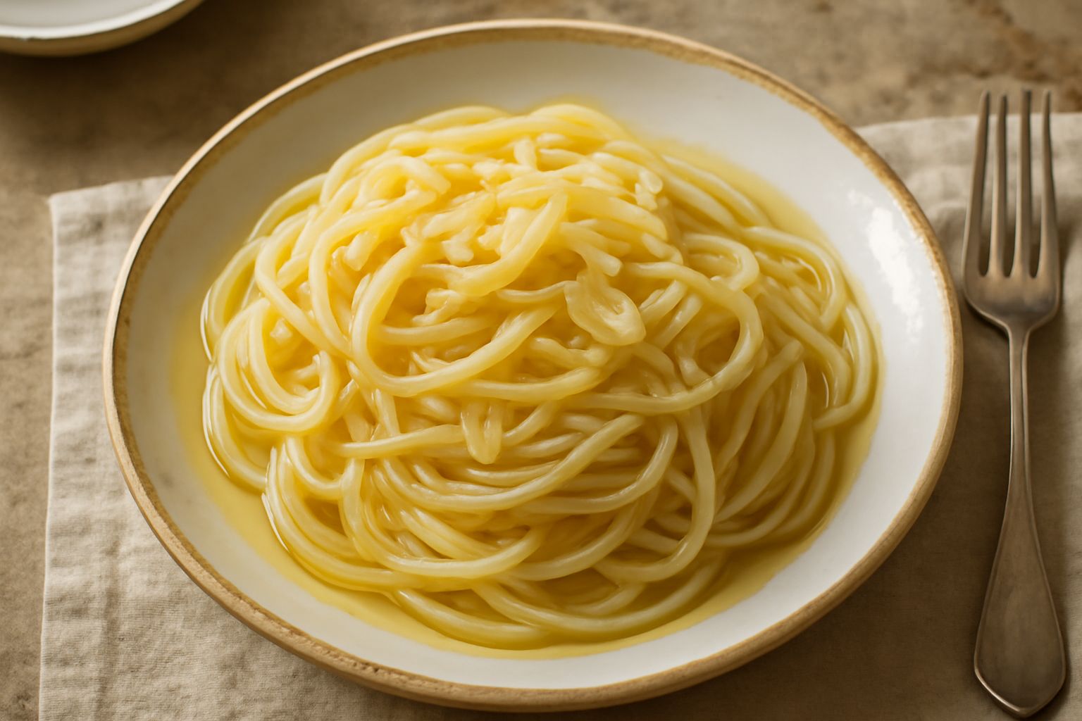 Condimento d'aglio e olio in una ciotola bianca di porcellana: fettine d'aglio dorate, olio color ambra trasparente, alcuni spicchi d'aglio intorno, pasta tagliatelle gialla nel piatto sottostante