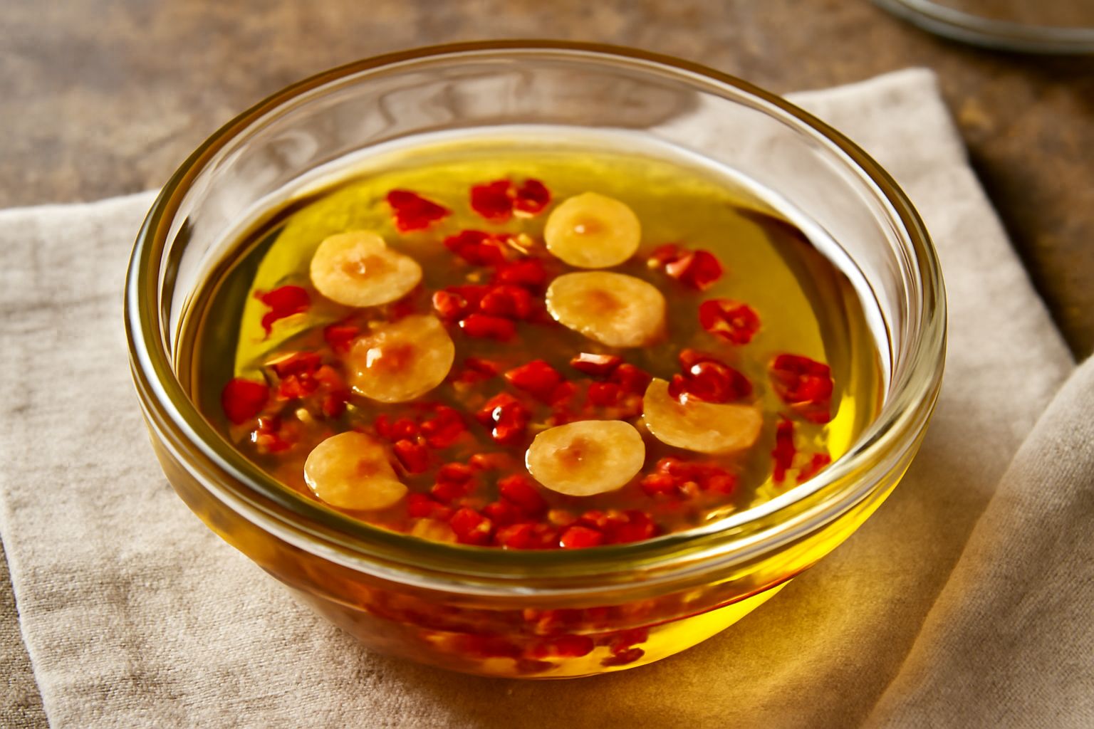 Olio dorato con fette di aglio trasparente e peperoncino rosso in pezzi, versato su un piatto bianco, accanto a un rametto di prezzemolo fresco