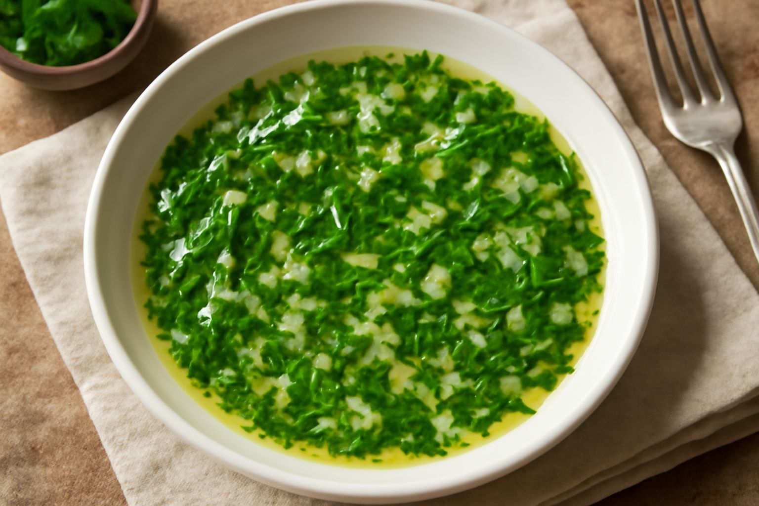 Condimento d'aglio e prezzemolo in una ciotola bianca: prezzemolo verde brillante finemente tritato, aglio bianco in pezzi piccoli, olio d'oliva trasparente che bagna il miscuglio, su un piano di lavo